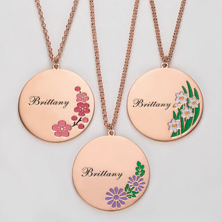 Rose Goldtone Engraved Name and Enamel Birth Flower Necklace