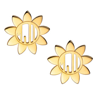 14K Gold Plated Sunflower Monogram Button Earring