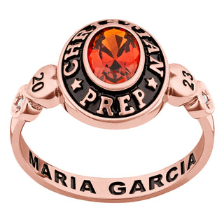 Ladies' 14K Rose Gold over Sterling Oval Birthstone with CZ and Hearts Class Ring