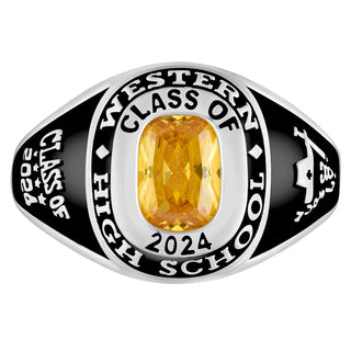Ladies' Platinum Plated Traditional Cushion Birthstone Class Ring