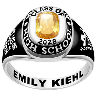 Ladies' Platinum Plated Traditional Cushion Birthstone Class Ring