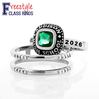 Ladies' Platinum Plated Freestyle Class Ring with Jacket and CZ Accents