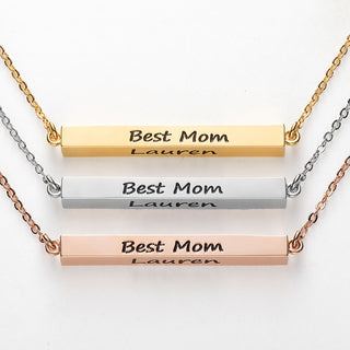 Horizontal 4-sided Bar 'Best Mom' Engraved Family Name Necklace