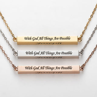Horizontal 4-sided Bar 'With God' Engraved Name Necklace