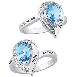 Sterling Silver Pear Birthstone & Diamond Class Ring