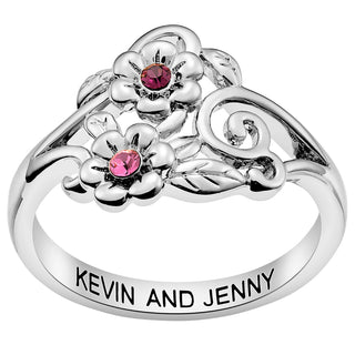 Silver Plated Flower Birthstone Couple Ring