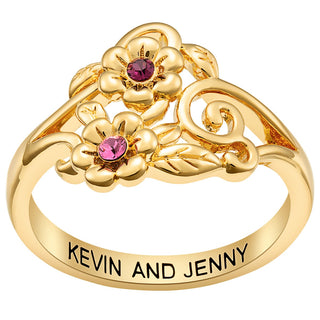 14K Gold Plated Flower Birthstone Couple Ring