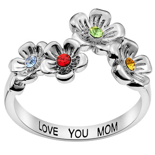 Silver Plated Flower Birthstone Family Ring