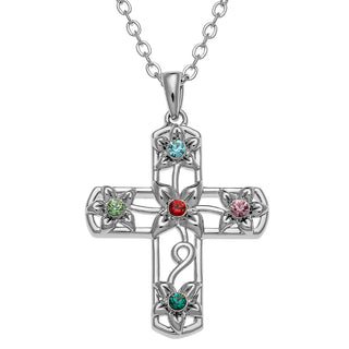 Silver Plated Flower Cross Birthstone Pendant