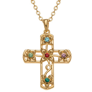 14K Gold Plated Flower Cross Birthstone Pendant