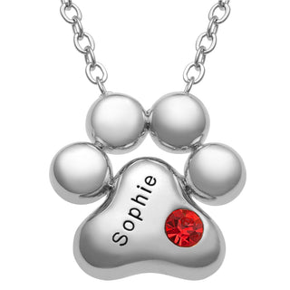 Silver Plated Engraved Name and Birthstone Paw Print Necklace