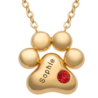 14K Gold Plated Engraved Name and Birthstone Paw Print Necklace