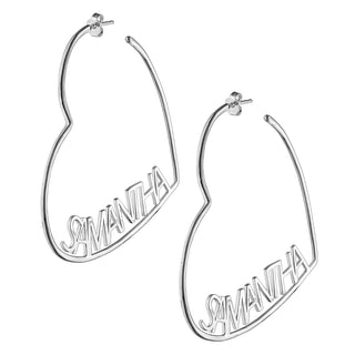 Silver Plated Personalized Nameplate Large Heart Hoop Earrings