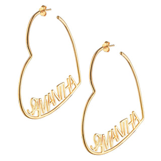 14K Gold Plated Personalized Nameplate Large Heart Hoop Earrings