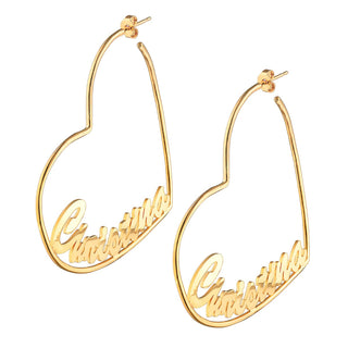 14K Gold Plated Personalized Script Nameplate Large Heart Hoop Earrings