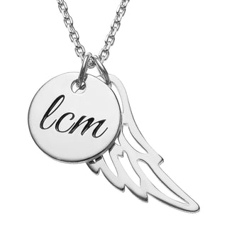 Silver Plated Engraved Initials Disc with Angel Wing Necklace