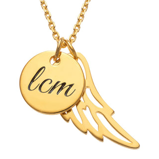 14K Gold Plated Engraved Initials Disc with Angel Wing Necklace