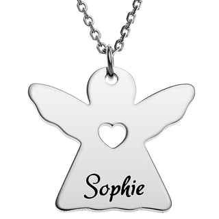 Silver Plated Engraved Name Angel with Cutout Heart Necklace