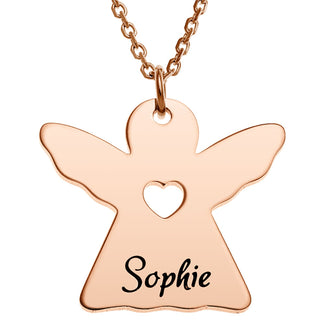 14K Rose Gold Plated Engraved Name Angel with Cutout Heart Necklace