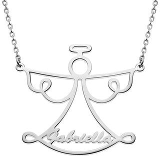 Silver Plated Script Name Open Angel Necklace