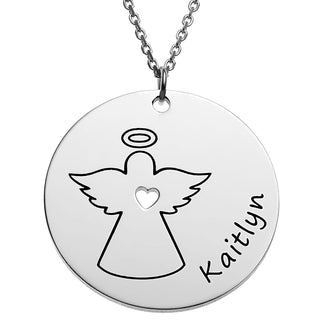 Silver Plated Engraved Name with Angel Disc Necklace