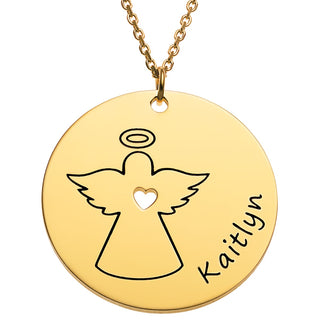 14K Gold Plated Engraved Name with Angel Disc Necklace