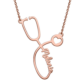 14K Rose Gold over Sterling Script Name Stethoscope with Heart Necklace