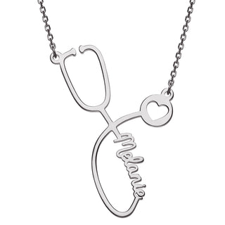 Silver Plated Script Name Stethoscope with Heart Necklace