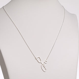 Silver Plated Script Name Stethoscope with Heart Necklace