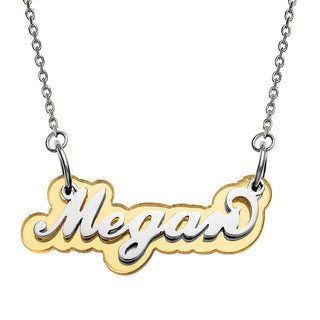 Silver Stainless Steel Name on Gold Reflective Plaque Necklace