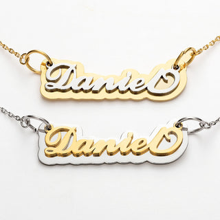 Gold Stainless Steel Name on Mirrored Reflective Plaque Necklace