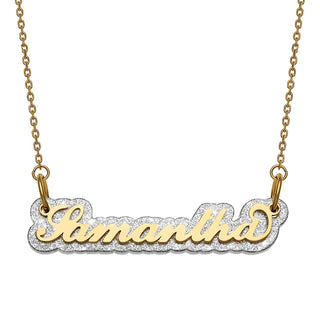 Stainless Steel Name on Silver Glittery Plaque Necklace