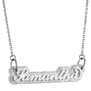 Stainless Steel Name on Silver Glittery Plaque Necklace