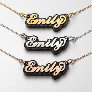 Stainless Steel Name On Glittery Black Plaque Necklace