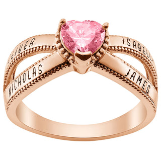 14K Rose Gold Plated Mother's Heart Birthstone Family Name Ring