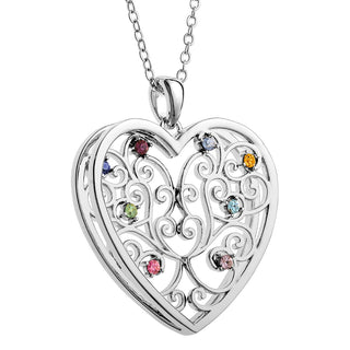 Silver Plated 3D Family Filigree Heart Pendant