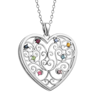 Silver Plated 3D Family Filigree Heart Pendant