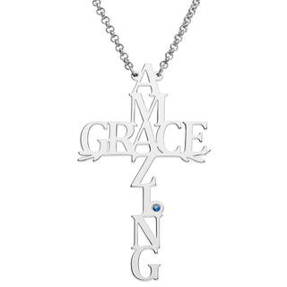 Silver Plated Amazing Grace Cross with Birthstone Necklace