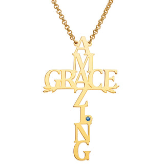 14K Gold Plated Amazing Grace Cross with Birthstone Necklace