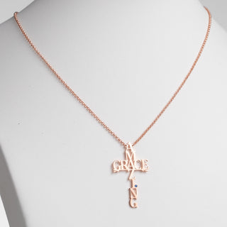 14K Rose Gold Plated Amazing Grace Cross with Birthstone Necklace