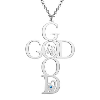 Silver Plated God is Good Cross with Birthstone Necklace