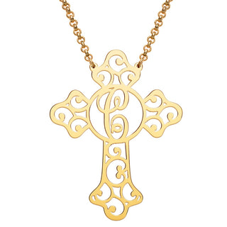 14K Gold Plated Filigree Cross with Initial Necklace