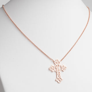 14K Rose Gold Plated Filigree Cross with Initial Necklace