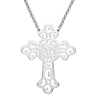 Silver Plated Filigree Cross with Monogram Necklace