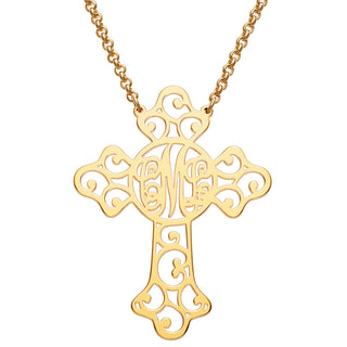 14K Gold Plated Filigree Cross with Monogram Necklace