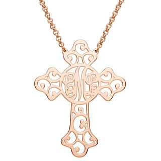14K Rose Gold Plated Filigree Cross with Monogram Necklace