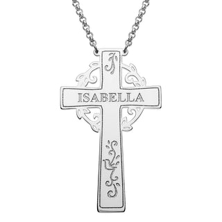 Silver Plated Engraved Name Cross with Vines Necklace