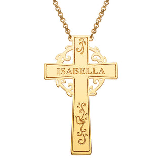 14K Gold Plated Engraved Name Cross with Vines Necklace