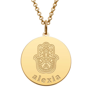 14K Gold Plated Engraved Name and Hamsa Hand Disc Necklace