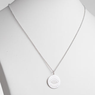 Silver Plated Engraved Name and Evil Eye Disc Necklace